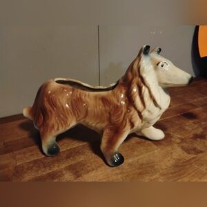 Charming Collie Dog Ceramic Planter - Brown and White